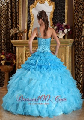 One Shoulder Aqua Blue Quinceanera Dress Beading