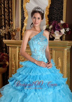 One Shoulder Aqua Blue Quinceanera Dress Beading