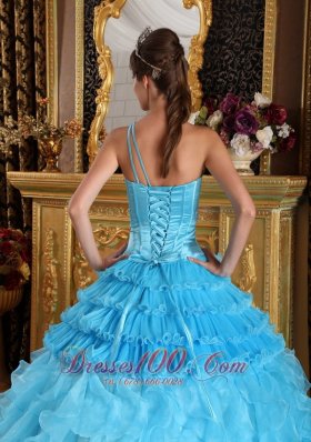 One Shoulder Aqua Blue Quinceanera Dress Beading