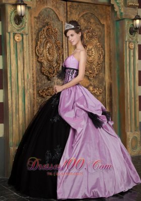 Quinceanera Dress Handmade Flower Lavender and Black Appliques