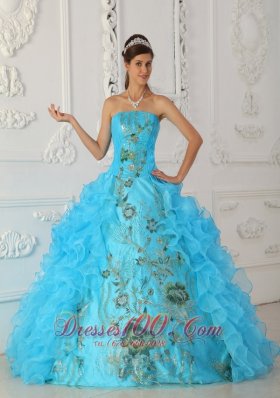 Strapless Aqua Blue Quinceanera Dress Embroidery