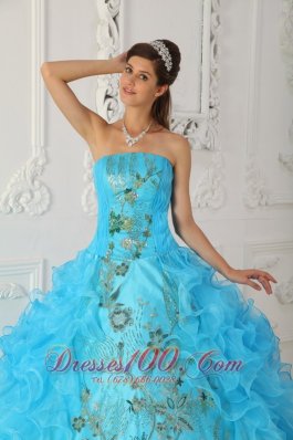 Strapless Aqua Blue Quinceanera Dress Embroidery