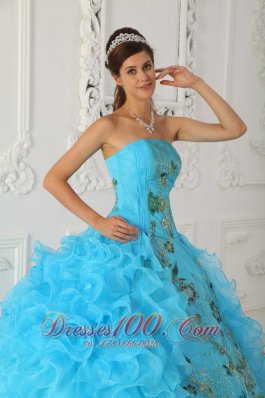 Strapless Aqua Blue Quinceanera Dress Embroidery