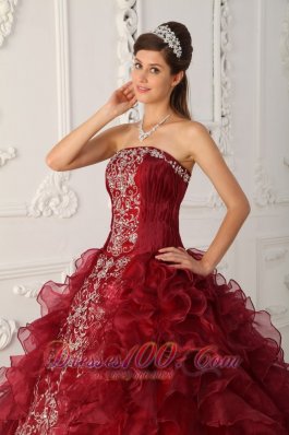 Wine Red Quinceanera Gowns Dresses Embroidery