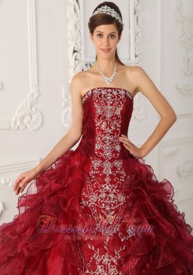 Wine Red Quinceanera Gowns Dresses Embroidery