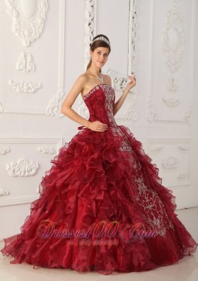 Wine Red Quinceanera Gowns Dresses Embroidery