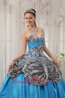 Blue and Zebra Print Ruch Sweetheart Quinceanera Dress