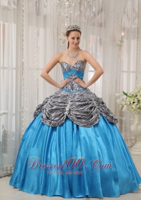 Blue and Zebra Print Ruch Sweetheart Quinceanera Dress