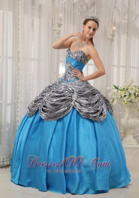 Blue and Zebra Print Ruch Sweetheart Quinceanera Dress