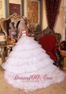 White and Red Layered Sweet 16 Dress Embroidery