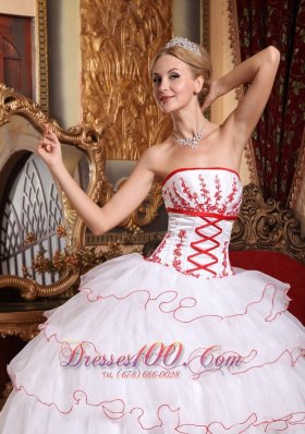 White and Red Layered Sweet 16 Dress Embroidery