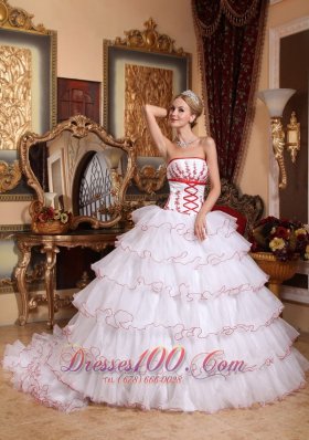 White and Red Layered Sweet 16 Dress Embroidery