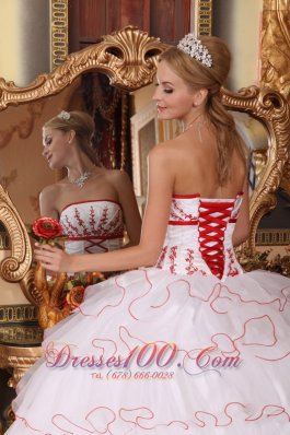 White and Red Layered Sweet 16 Dress Embroidery