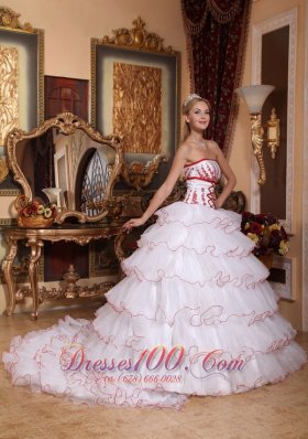 White and Red Layered Sweet 16 Dress Embroidery