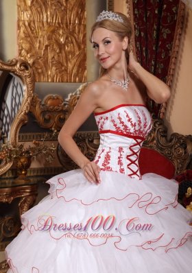 White and Red Layered Sweet 16 Dress Embroidery