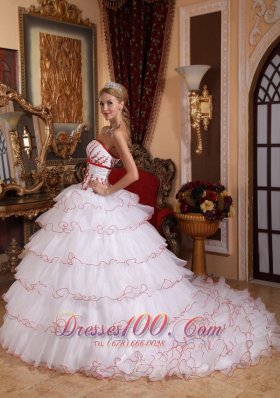 White and Red Layered Sweet 16 Dress Embroidery