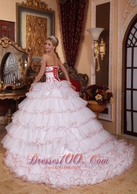 White and Red Layered Sweet 16 Dress Embroidery