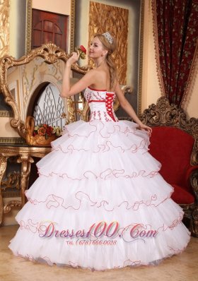 White and Red Layered Sweet 16 Dress Embroidery