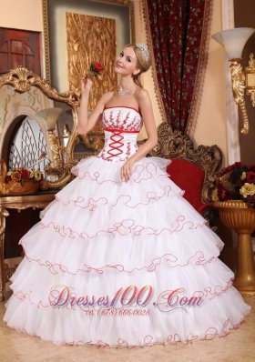 White and Red Layered Sweet 16 Dress Embroidery