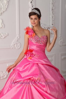 Rose Pink and Orange Quince Dress Hand Made Flower One Shoulder