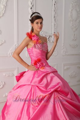 Rose Pink and Orange Quince Dress Hand Made Flower One Shoulder