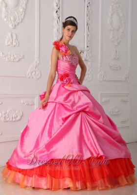 Rose Pink and Orange Quince Dress Hand Made Flower One Shoulder