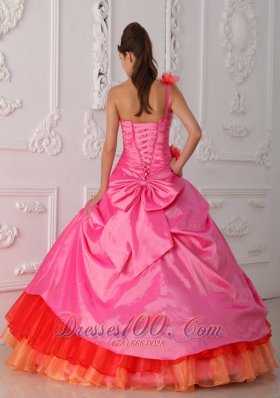 Rose Pink and Orange Quince Dress Hand Made Flower One Shoulder