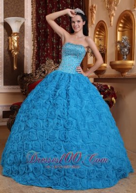 Blue Quinceanera Dress Ball Gown Strapless Rolling Flower