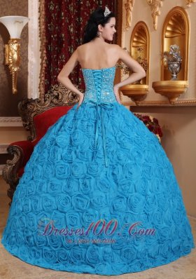 Blue Quinceanera Dress Ball Gown Strapless Rolling Flower