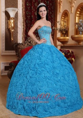 Blue Quinceanera Dress Ball Gown Strapless Rolling Flower