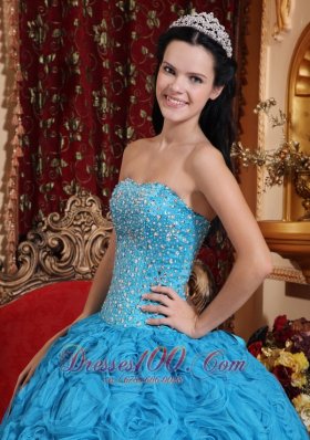 Blue Quinceanera Dress Ball Gown Strapless Rolling Flower