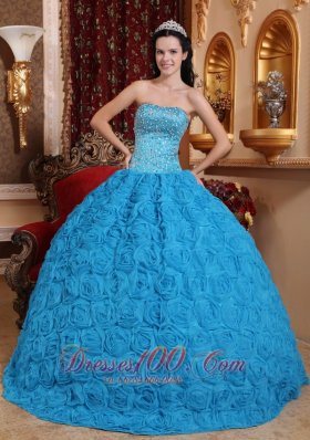 Blue Quinceanera Dress Ball Gown Strapless Rolling Flower