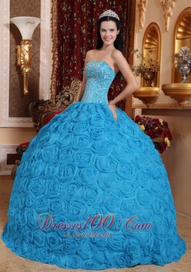 Blue Quinceanera Dress Ball Gown Strapless Rolling Flower