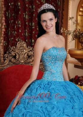 Blue Quinceanera Dress Ball Gown Strapless Rolling Flower