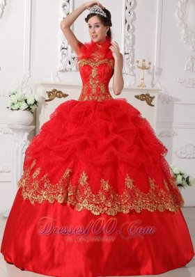 Halter Quinceanera Dress Red and Gold Taffeta Beading Appliques