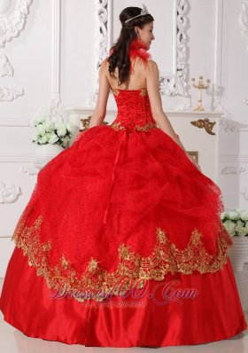 Halter Quinceanera Dress Red and Gold Taffeta Beading Appliques