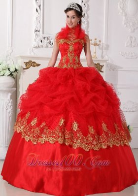 Halter Quinceanera Dress Red and Gold Taffeta Beading Appliques