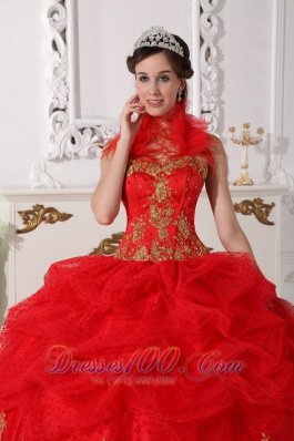 Halter Quinceanera Dress Red and Gold Taffeta Beading Appliques