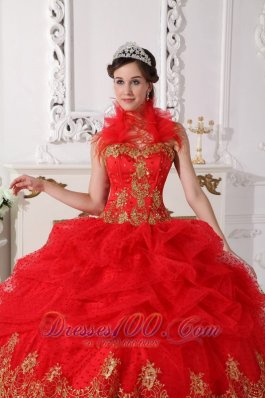 Halter Quinceanera Dress Red and Gold Taffeta Beading Appliques