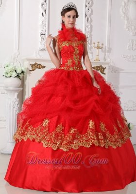 Halter Quinceanera Dress Red and Gold Taffeta Beading Appliques