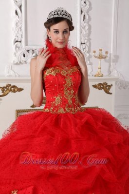 Halter Quinceanera Dress Red and Gold Taffeta Beading Appliques