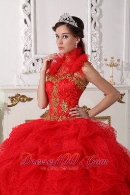 Halter Quinceanera Dress Red and Gold Taffeta Beading Appliques