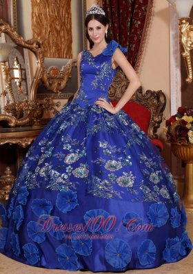 V-neck Satin Beading and Appliques Blue Quinceanera Dress