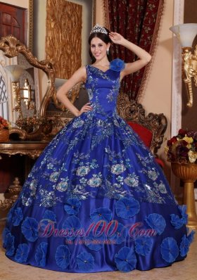 V-neck Satin Beading and Appliques Blue Quinceanera Dress