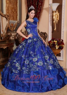 V-neck Satin Beading and Appliques Blue Quinceanera Dress