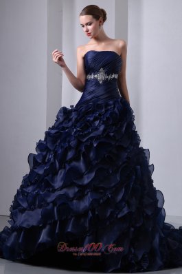 Navy A-line/Princess Beading and Floral Quinceanera Dress