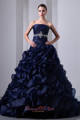 Navy A-line/Princess Beading and Floral Quinceanera Dress