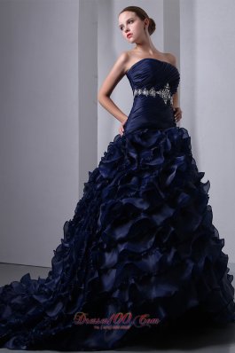 Navy A-line/Princess Beading and Floral Quinceanera Dress