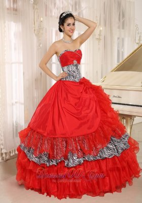 Sweetheart Red and Zebra Multi-tierd Ball Gown Quinceanera Dress