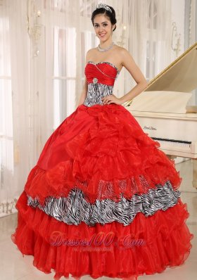 Sweetheart Red and Zebra Multi-tierd Ball Gown Quinceanera Dress